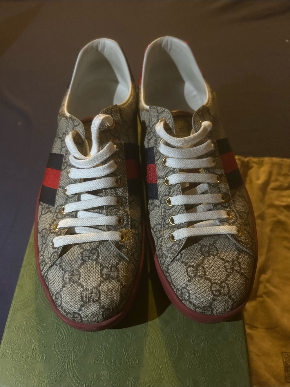 Gucci Beige GG Supreme with Red & Navy Web Stripe Low-Top Sneakers - Picture 2 of 8